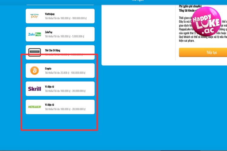 Gửi tiền HappyLuke thông qua hình thức khác