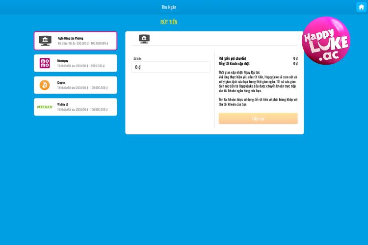Phương thức thanh toán Rút tiền HappyLuke hiện nay